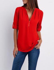 Blouses voor dames elegante luxe dameshemd oranje v-neck t-shirt 2023 losse lange mouw ritsgaas