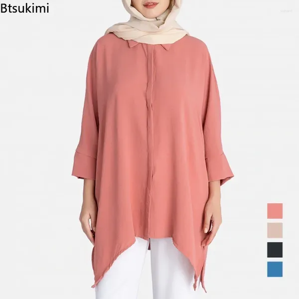 Blouses Femmes Chemisier musulman élégant femmes mi-longueur chemise à revers irrégulière hauts mode décontracté moyen-orient turquie vêtements islamiques Blusas