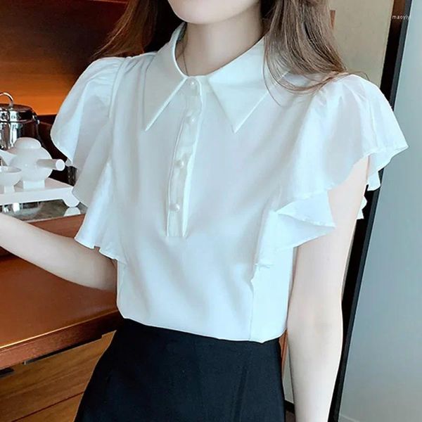 Blouses pour femmes Elegant Owck Sweet Woman Blouse Fashion White Shirt Ruffled Polo Neck Flying Flying Short Sleeve Tops 27472