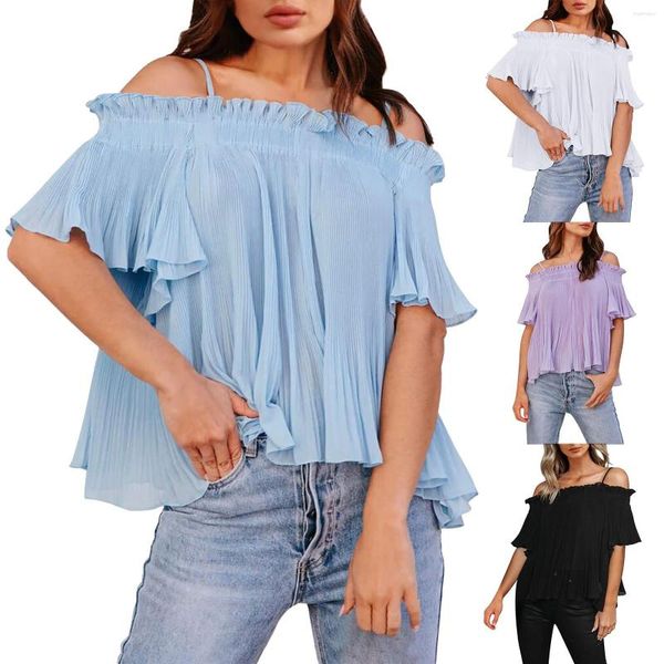 Blusas de mujer blusa de gasa elegante fuera de los hombros 2023 correas de verano manga acampanada tops y dulces volantes sueltos