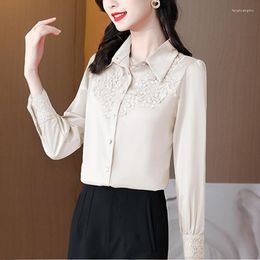 Blouses pour femmes élégant bureau dame à manches longues femmes chemises mode Satin Blouse avec dentelle modeste broderie femme vêtements Blusas 24636