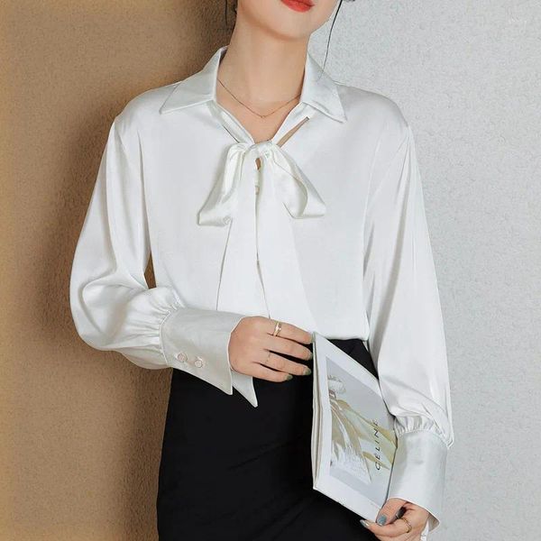 Blouses pour femmes élégant bureau dame chemise mode noeud papillon Blouse automne à manches longues hauts col en v solide blanc vêtements amples Blusas 28840