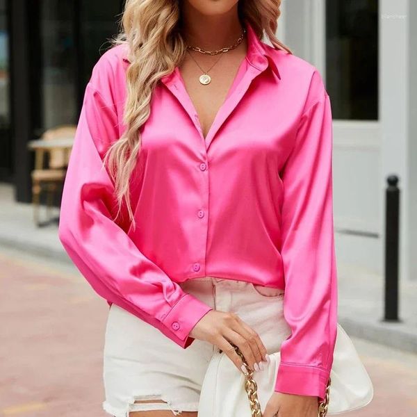 Blouses pour femmes Elegant Offant Lady Tops Casual Turn Down Collar Satin Blouse For Women Spring Solid Long Sleeve Bouton White Shirt Blusas