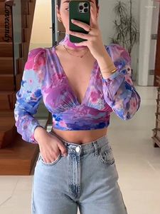 Blusas de mujer elegante estampado gasa recortada blusa para mujer Sexy cuello en V Tie Dye dobladillo plisado camisa verano señora moda Crop Tops