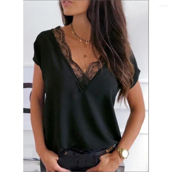 Blusas de mujer Elegante Jersey Blusa Verano Casual Suelto Manga corta Profundo Escote en V Encaje Camisa blanca y negra Top Mujer Blusa