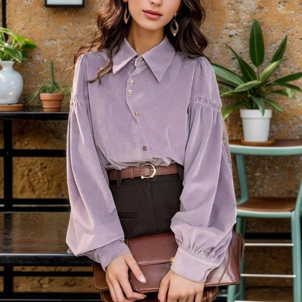 Blouses pour femmes Chemisier violet élégant Style Hong Kong Vintage chemise à manches longues haut pour femme automne couleur unie décontracté vêtements amples Blusas