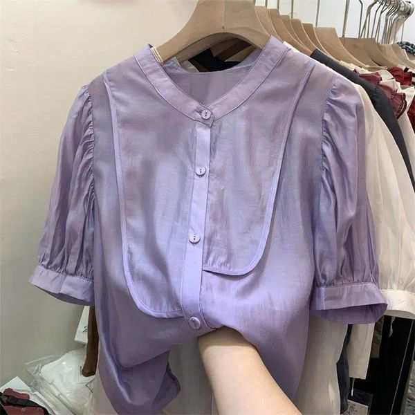 Blusas de mujer elegante blusa de gasa de retazos púrpura 3/4 manga abombada suelta todo fósforo camisas de un solo pecho mujer cuello redondo Top verano 2024