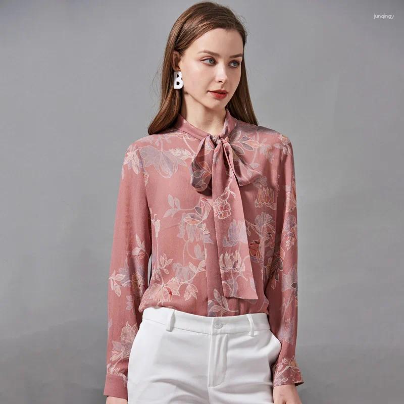 Women's Blouses Elegant Real Silk Shirt OL Women Tops Flowers Spring Summer Bow Blouse Lady Long-sleeved Floral Printed