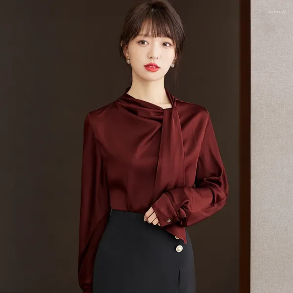 Blouses Femme Élégant Ruban Pile Col À Manches Longues Vin Rouge Chemisier Femmes Tops Printemps Automne Bureau Dame Lâche Bussiness Chemise Décontractée