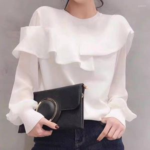 Chemisiers pour femmes Chemisier élégant à volants Design Femme Mode coréenne Chemise blanche irrégulière O Neck Loose Casual Tops T-shirt noir à manches longues