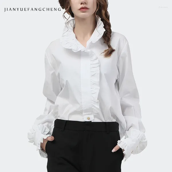 Blouses Femmes Élégant Volants Femmes Blanc Coton Chemises Évasées À Manches Longues 2024 Automne Tops Lâche Plus Taille Bureau Dames Coréen