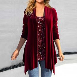 Blouses des femmes Élégant écharpe Collier Blouse Femmes Sequin épissant Top Tive deux pièces Velvet d'ourlet irrégulier pour les manches longues chaudes