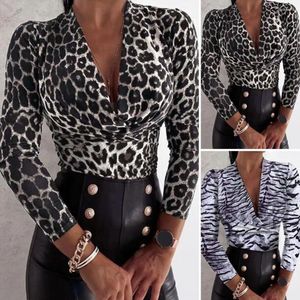 Blusas para mujeres Elegantes mujeres sexys Top leopardo/tigre estampado v cuello blusa ropa de mujer para otoño con detalle de volante Fit leopardo