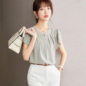 Blouses pour femmes Elegant Short Sleeve Blouse Femmes O-cou Shirts rétro Lady Chic Office Tops Casual High Street Clothing