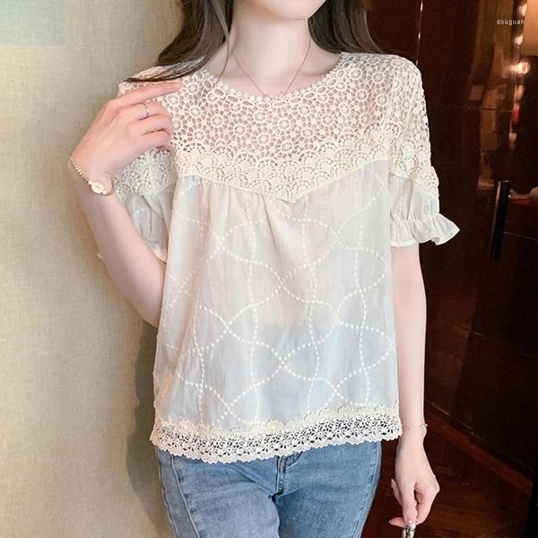 Blouses pour femmes élégant à manches courtes col rond chemises évider mode été Blouse femmes avec dentelle femme vêtements Blusas 25798