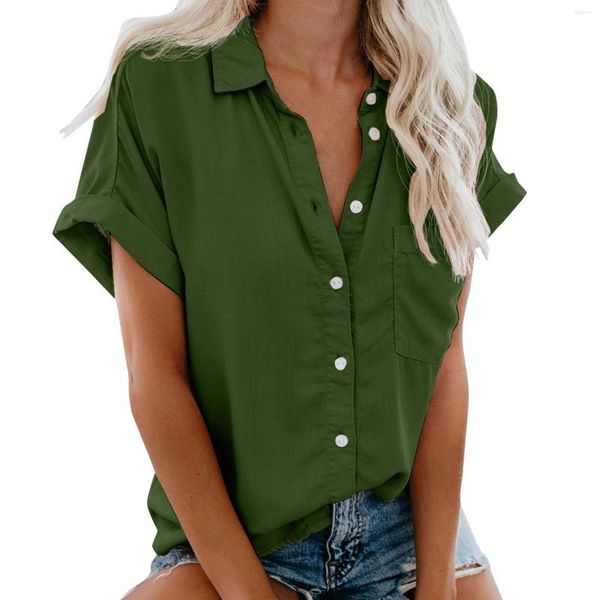 Blusas para mujer, camisas elegantes de manga corta con bolsillos, camisa con botones y cuello vuelto para mujer, Tops informales de Color sólido para mujer y Chemise Femme