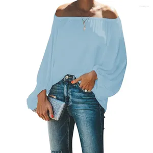 Blouses voor dames elegante schuine nek eenvoudige massieve blouse veer 2024 off-the-shoulder witte tops vrouwen zoete lange lantaarn mouw losse shirt