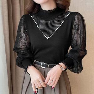 Blouses pour femmes élégantes couleur unie à manches longues perles Blouse femme vêtements gaze dentelle élégant printemps automne épissé demi col haut