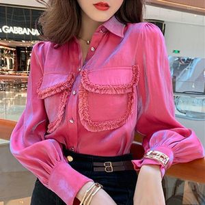 Damesblouses Elegant Effen Kleur Zakken Plooien Kwastje Satijn Shirt Dameskleding 2023 Herfst Casual Tops All-Match Kantoor Dame Blouse