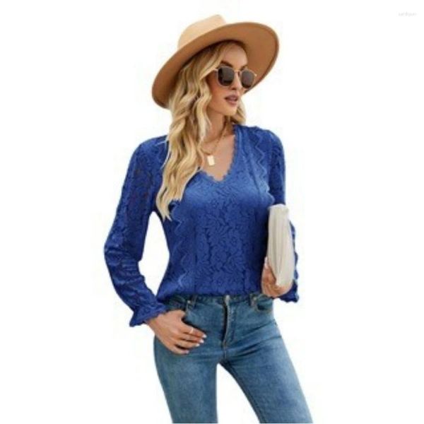 Blusas de mujer elegante Color sólido con cuello en V camisa de encaje de manga larga Otoño/Invierno blusa Sexy hueca para mujer Tops de oficina para mujer S-XXL