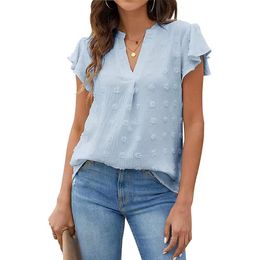 Blouses Femme Élégant Solide À Manches Courtes Femmes Chemisier Chemise D'été Col en V Évider Décontracté Streetwear Tops Basiques BlusasSolid V-neck summer short used women's top