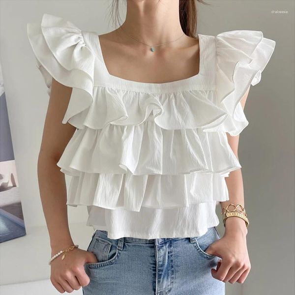 Blans des femmes élégants cols carrés sans manches moneurs à lacets de dos en cascade Ruffles Crop Top 2024 Été coréen chic Sweet All-Match