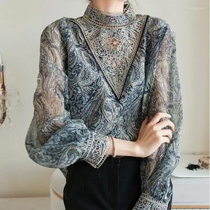 Damesblouses Elegante opstaande kraag Holle zijden overhemd Damesmode Geborduurde blouse met lantaarnmouwen Vintage kantoor Dames bedrukte tops