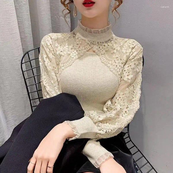 Blusas de mujer elegante cuello alto encaje ahuecado manga de princesa ropa de mujer 2024 primavera ajustadas blusas coreanas camisas de oficina para mujer