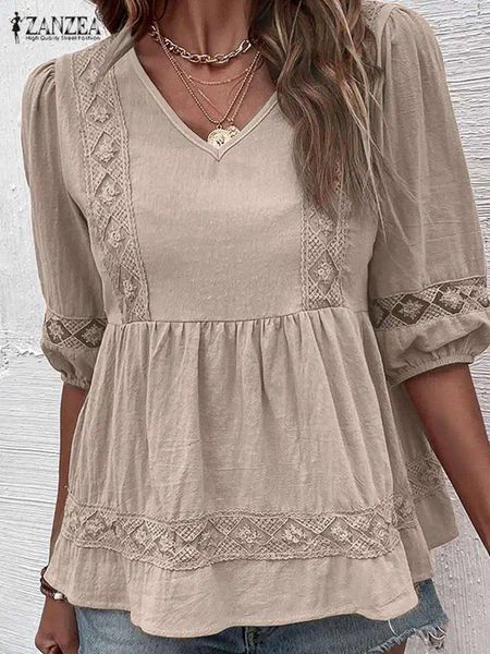 Blusas de mujer Blusa elegante de verano con cuello en V y media manga ZANZEA Tops de encaje a la moda de ganchillo para mujer Blusas sólidas para vacaciones camisa de trabajo OL para mujer