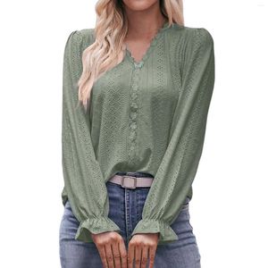 Blouses voor dames elegante tops en vrouwen mode kanten trim V nek lange mouw holle pullover top blusas casual blusa mujer moda 2024