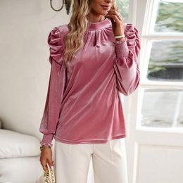 Blusas de mujer, blusa elegante de terciopelo, Tops lisos de manga larga para otoño e invierno, camisas de oficina rosas con cuello redondo para fiesta y oficina 2024
