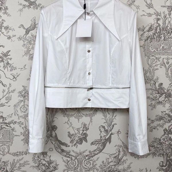 Blusas de mujer Camisas elegantes de algodón blanco para mujer 2023 Otoño Pasarela Casual Blusa de solapa de manga larga Cremallera elegante Camisa de oficina para mujer Moda