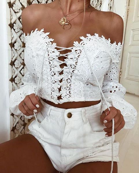 Chemisiers pour femmes Chemisier en dentelle blanche élégante Chemise Sexy Cross Bandage Off Shuolder Manches longues évider Boho Ladies Crop Top Cardigan de plage