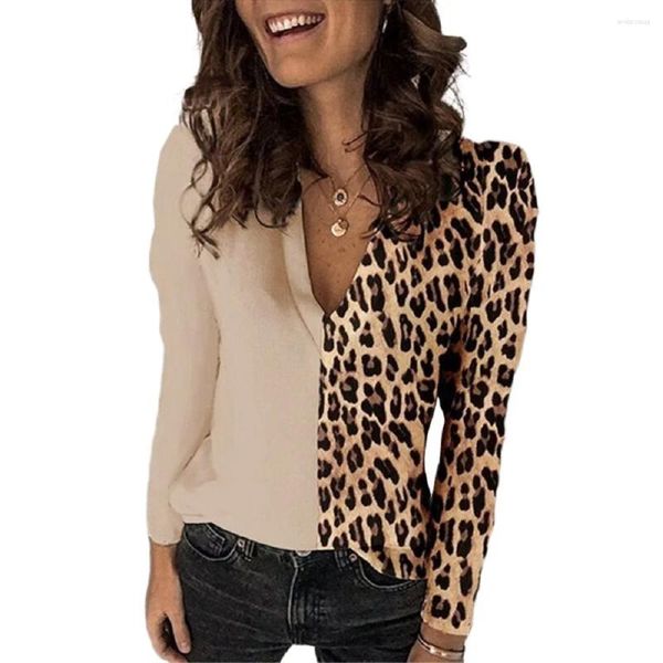 Chemisiers femmes élégantes femmes 2023 léopard Patchwork à manches longues chemises de grande taille OL Style femme chemise col en V Blouse