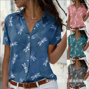 Damesblouses Elegant bedrukt damesshirt met korte mouwen 2023 zomermode-stijl Dragonfly-blousetop