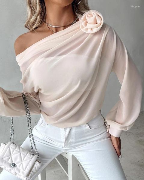 Blouses pour femmes Femmes élégantes Mode d'automne Quotidien Couleur unie Rose Détail Ruché Col asymétrique Manches longues Coupe ample Haut en mousseline de soie transparente