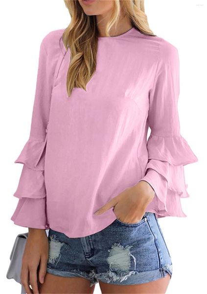 Blouses Femmes Femmes élégantes Automne Chemise Mode Solide O Cou Chic Volants À Volants À Manches Longues Chemisier 2024 Lâche Femmes Bureau Chemises Tops