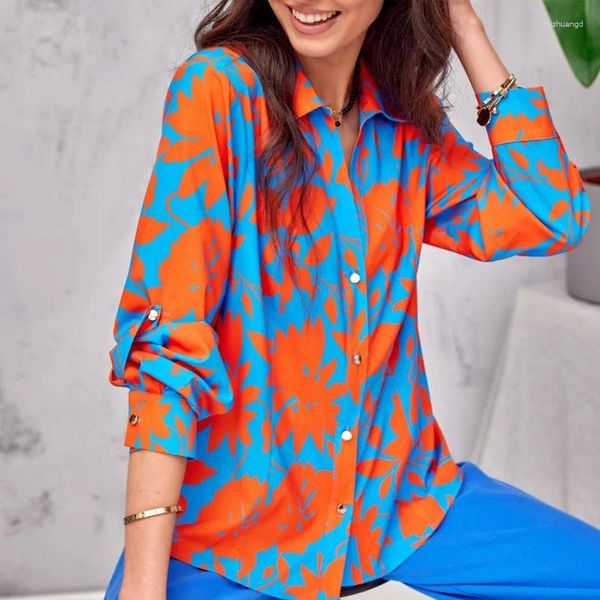 Blusas de mujer Camisa elegante para mujer Top Otoño Y2K INS Ropa Manga larga Cuello vuelto Estampado de un solo pecho Blusa Boho Camiseta