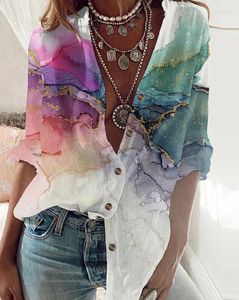 Blouses des femmes Shirts Femmes élégantes Fashion Longe Loose Tops Casual Hadies Marble Imprimé Butted