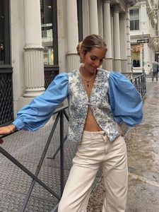 Blouses pour femmes Elegant Femmes V Neck Imprimer patchwork Shirtwork Chic Lady Puff Long Sleeve Crops 2024 Spring Casual Female High Street