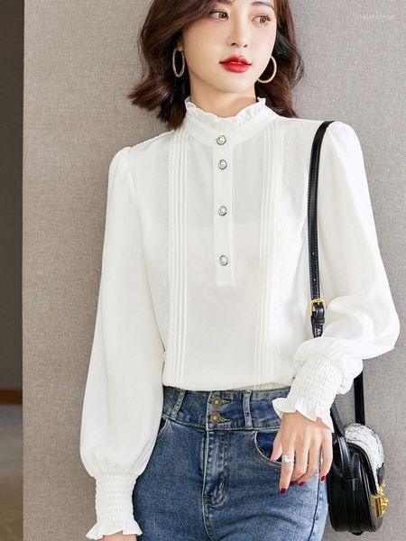 Blusas de mujer, camisas elegantes de gasa blanca para mujer, blusas coreanas de oficina para mujer, blusas de encaje de manga larga con cuello levantado a la moda para otoño