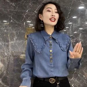 Blouses voor dames elegante ruche denim blusas vrouwen Koreaanse mode blauw reversontwerp top shirt maat 4xl veer camisa vaquera mujer e447