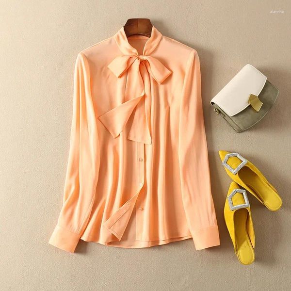 Blusas para mujeres ELFSTYLE Ladies 2024 Silk Viscose Blend White/Champagne/Naranja Pink Rosa Camisa de manga larga con cinta