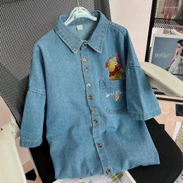 Women's Blouses geborduurde cartoon losse denim shirt vrouwen zomer dunne Koreaanse casual mannen knoop omhoog retro korte mouw top