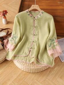 Blouses pour femmes broderie chinoise Summer Vintage Vintage Linette en coton Femme Femmes Tops Clats courts Vêtements 2024