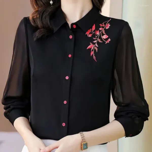 Blusas de mujer bordado flores manga larga gasa camisa elegante blusa 2023 Top elegante solapa negra