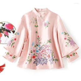 Blouses pour femmes Broderie Rose Chinois Top Eleganti Lâche Femme À Manches Longues Chemise Rouge Printemps Automne Style Ethnique Femmes Blouse Vintage