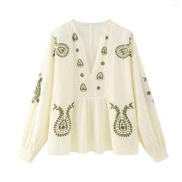 Damesblouses Borduurprint Damesblouse Chique O-halsoverhemd Dames Vintage losse tops met lange mouwen Lenteoverhemden en vrouw