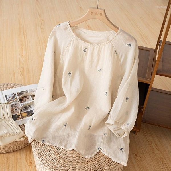 Blusas de mujer camisas bordadas verano 2023 estilo chino sólido cuello redondo ropa de mujer sueltas Tops de lino de algodón YCMYUNYAN
