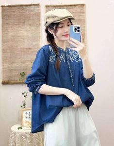 Women's Blouses etnische denim shirts vrouwen boho tops spanje stijl vintage lange mouw knop omhoog blauw borduurwerk jean blouse pullover